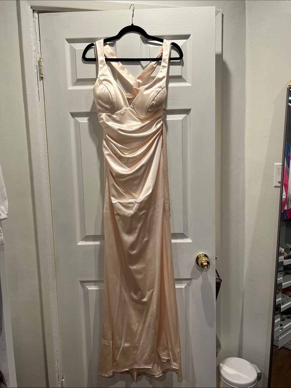 Satin Ruched Cream Prom Gown with Supportive Straps